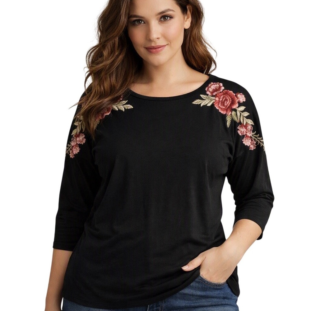 Verve Ami Black Floral Embroidered Cold Shoulder‎ 3/4 Sleeve Top XL